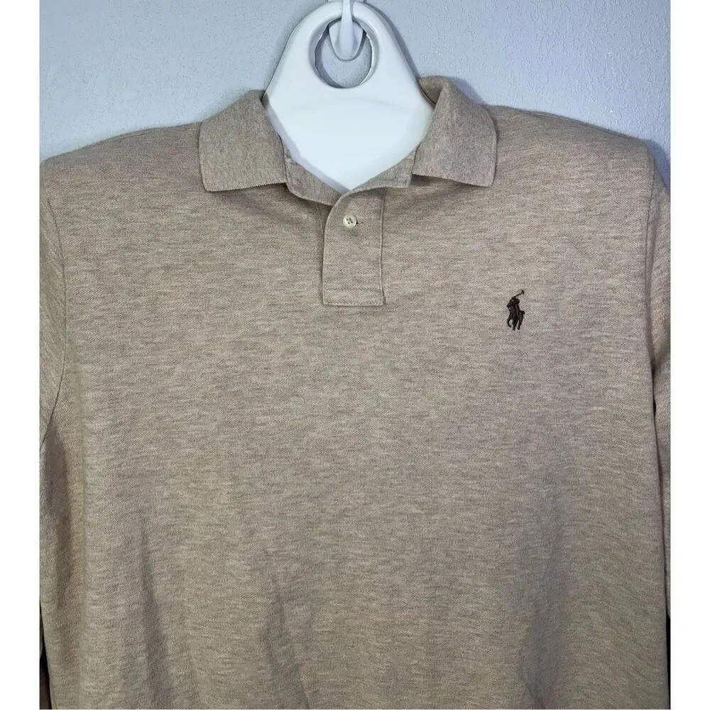 Polo Ralph Lauren Men Shirt XL Beige Long Sleeve Cotton Polo